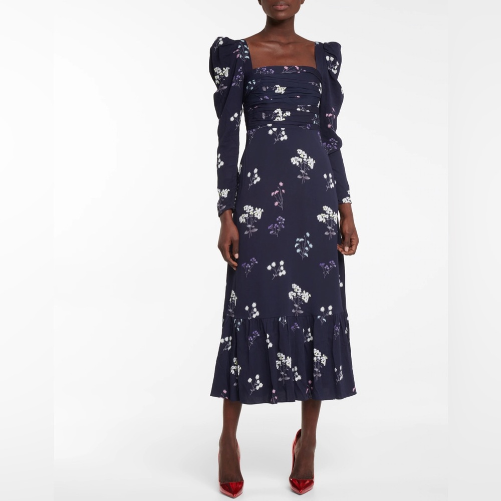 Self Portrait Long Puff Sleeve Navy Vintage Floral Midi Dress
